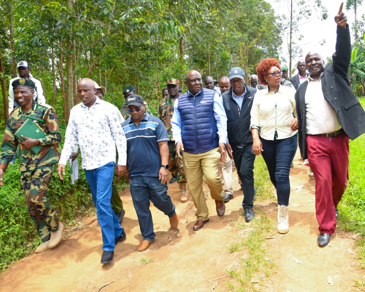 Forestry Principal Secretary Mr. Gitonga Mugambi, alongside Members of the Departmental Committee on Environment, Forestry and Mining during the inspection of key forest ecosystem in Vihiga County