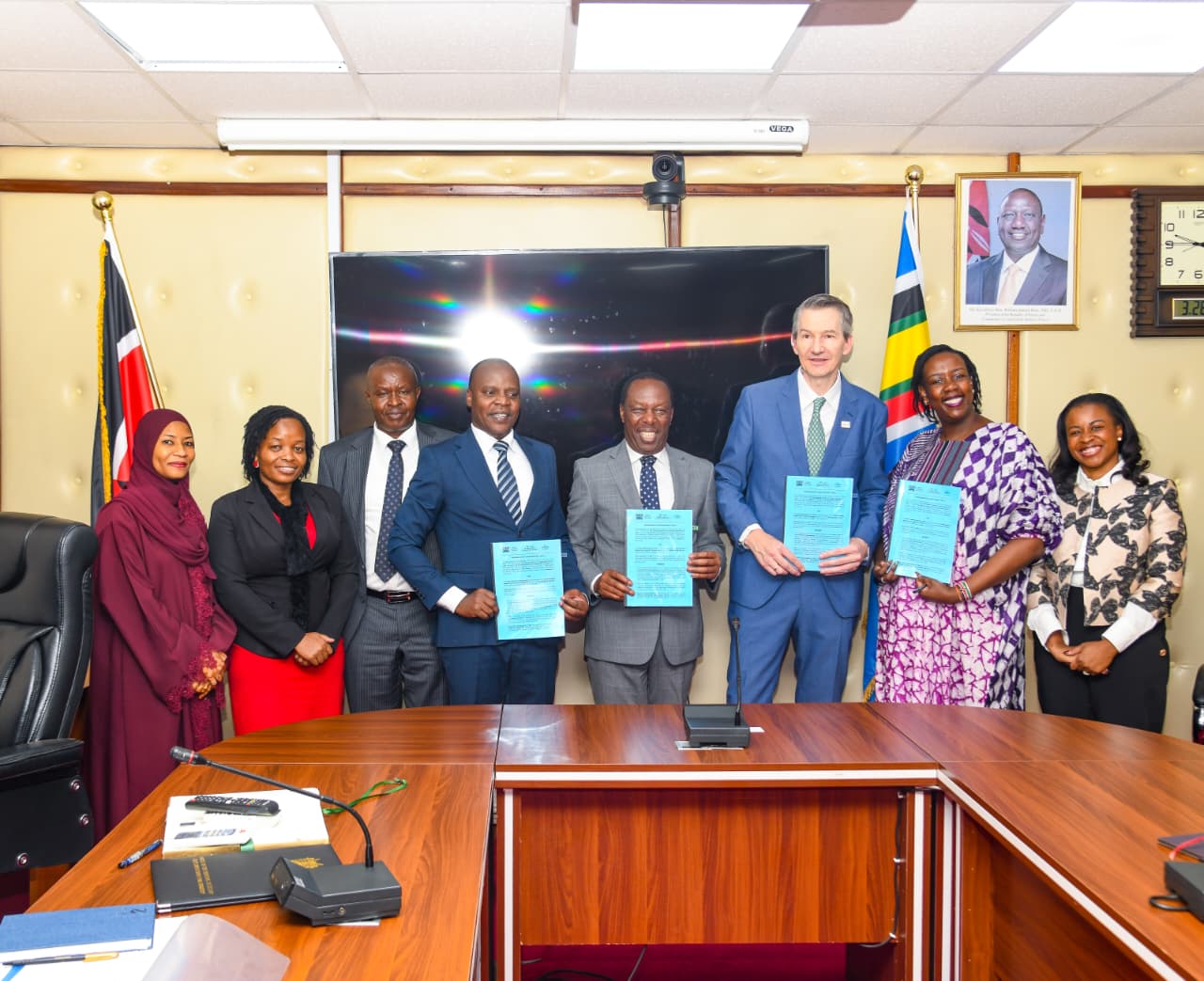 Forestry Principal Secretary Mr Gitonga Mugambi , Director General Mr. Joan Lucas Restepo of Alliance of International Biodiversity CIAT among other officials during the signing of  Memorandum of Understanding (MoU) aimed at advancing landscape restoration, sustainable land use, and climate-smart livelihoods in Kenya.