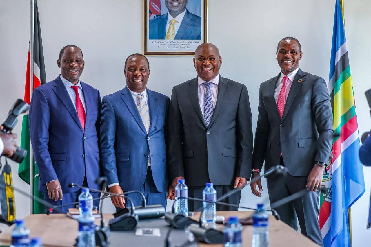 from left to right: PS public investment & Asset Management Mr. Cyrell O. Wagunda,PS Forestry Mr. Gitonga G. Mugambi, Mining Principal Sectretary Mr. Harry Kimtai CBS and Enviroment and Climate Change Principal Secretary Dr. Eng Festus K. Ng'eno