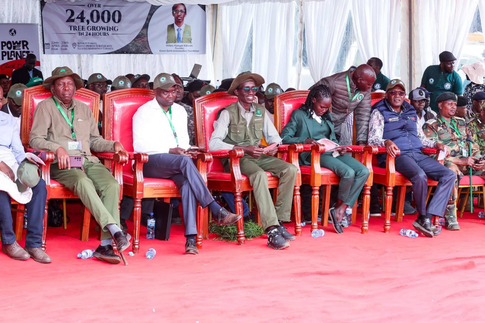 Enviromentalist Hillary Kibiwot alongside Government officials during the 7th edition of the Kaptagat annual tree planting at Kessup Forest.