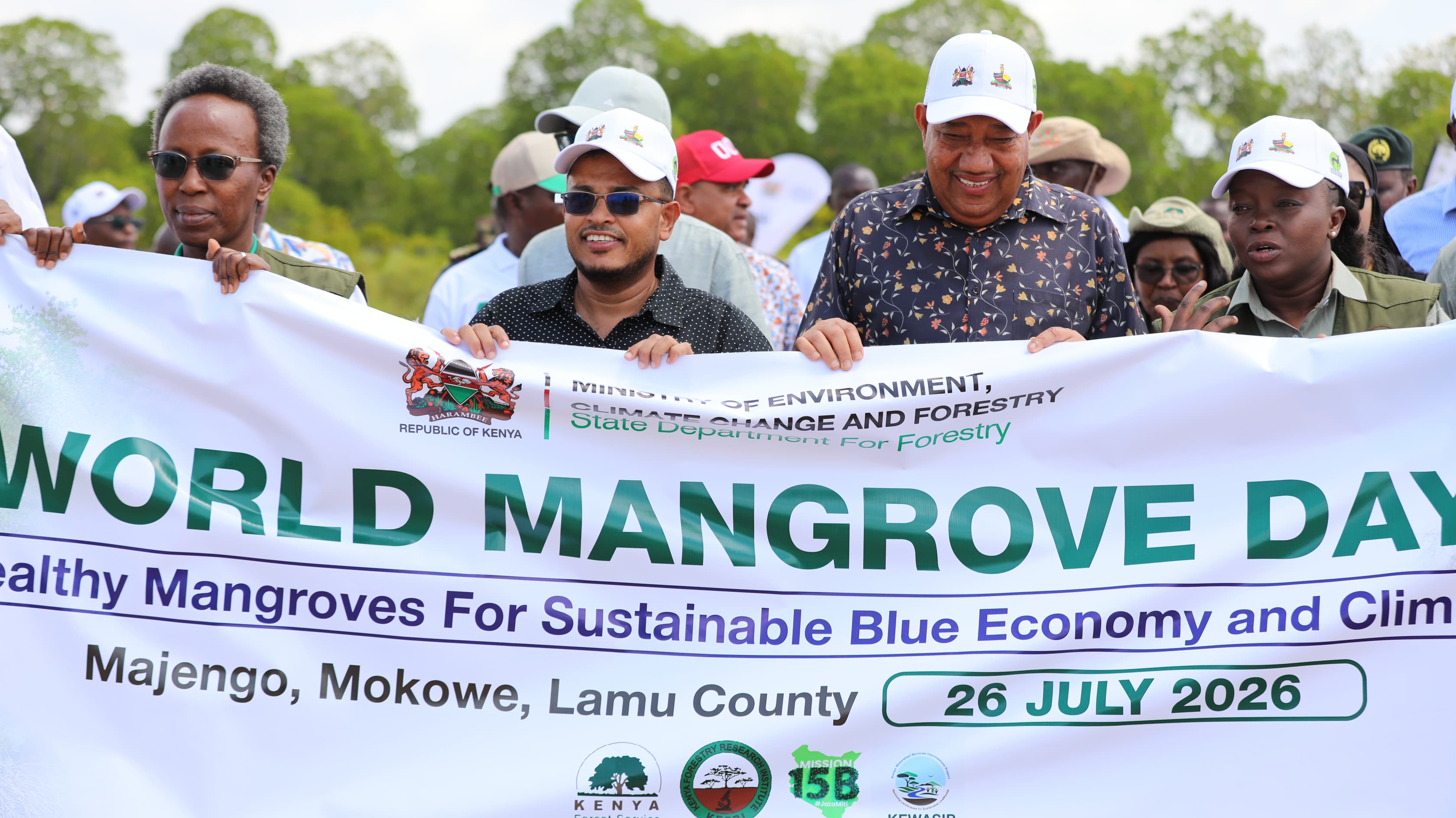 Cabinet Secretary Dr. Deborah M. Barasa and Lamu Governor H.E. Issa Timamy, during the 2026 World Mangrove Day celebrations at Majengo Grounds, Mokowe, Lamu County.