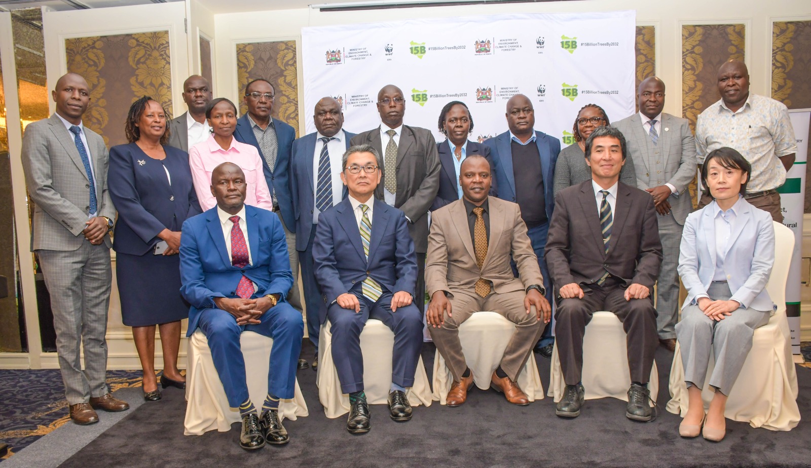 Secretary, Forest Development, Mr. George Tarus poses for a photo alongside the Ambassador of Japan to Kenya, His Excellency Hiroshi Matsuura (left) and other stakeholders
