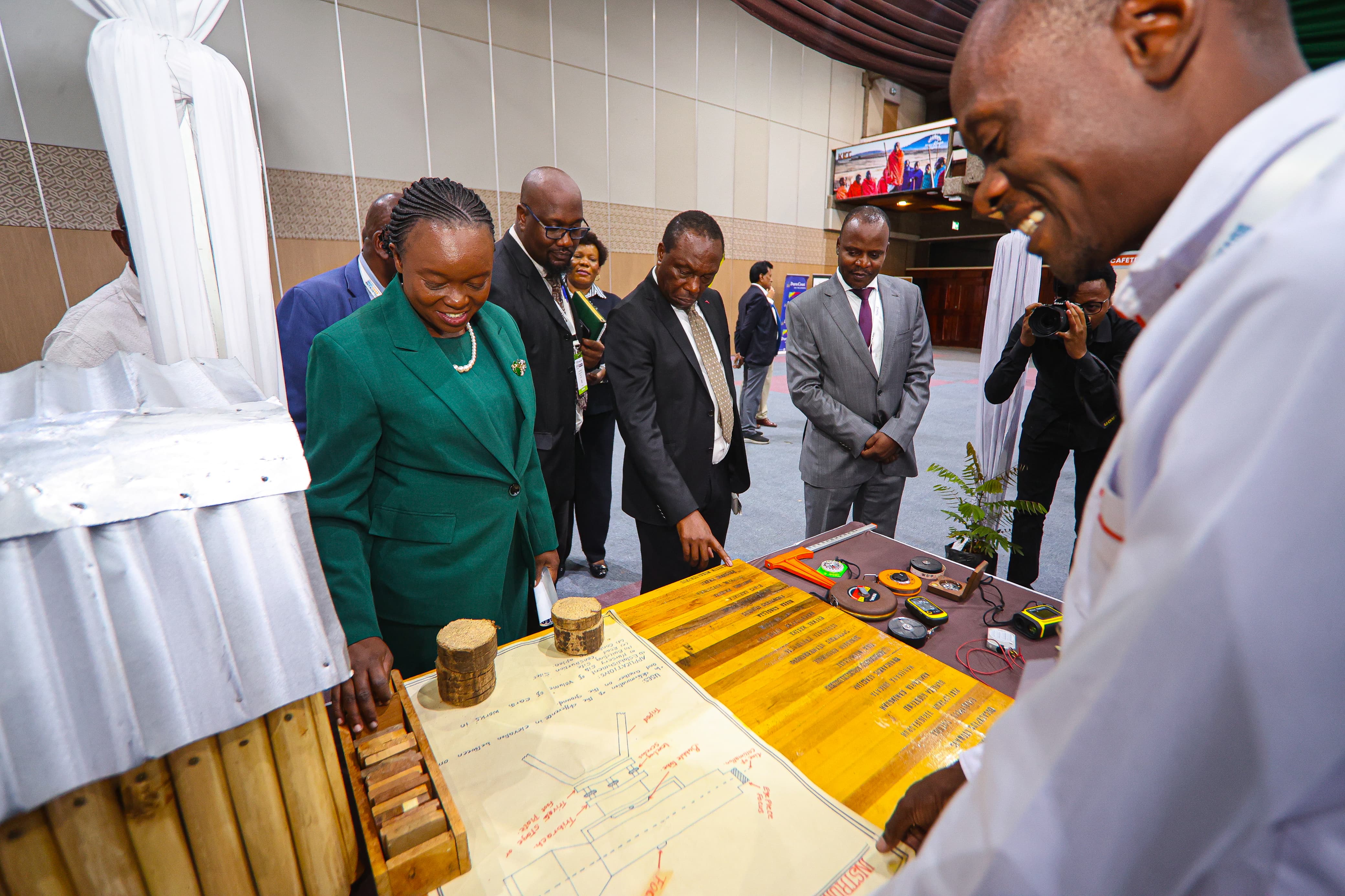 Cabinet Secretary for the Ministry of Environment, Climate Change and Forestry, Dr. Deborah Mlongo Barasa, accompanied by PS Mr. Gitonga Mugambi and other dignitaries, tours the exhibition floor during the 3rd Woodtech Africa International Exhibition and Conference at KICC, Nairobi, on 26 November 2025.