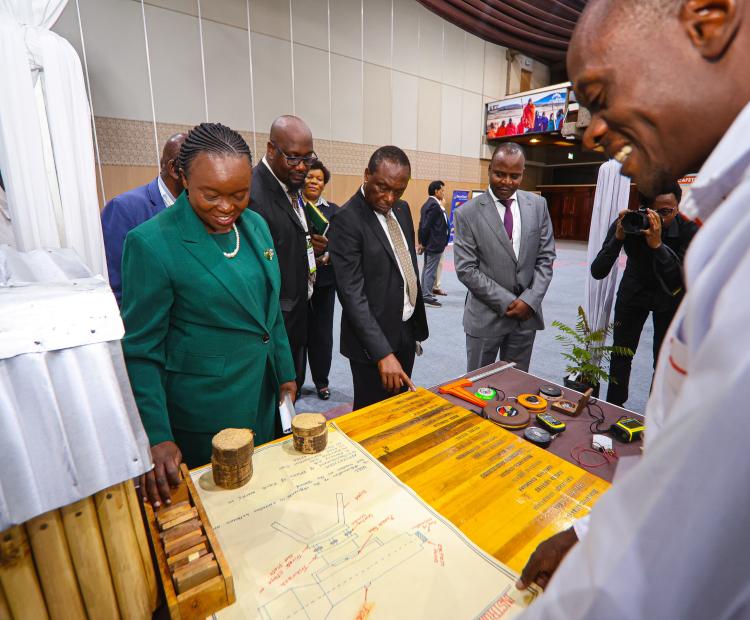 Cabinet Secretary for the Ministry of Environment, Climate Change and Forestry, Dr. Deborah Mlongo Barasa, accompanied by PS Mr. Gitonga Mugambi and other dignitaries, tours the exhibition floor during the 3rd Woodtech Africa International Exhibition and Conference at KICC, Nairobi, on 26 November 2025.
