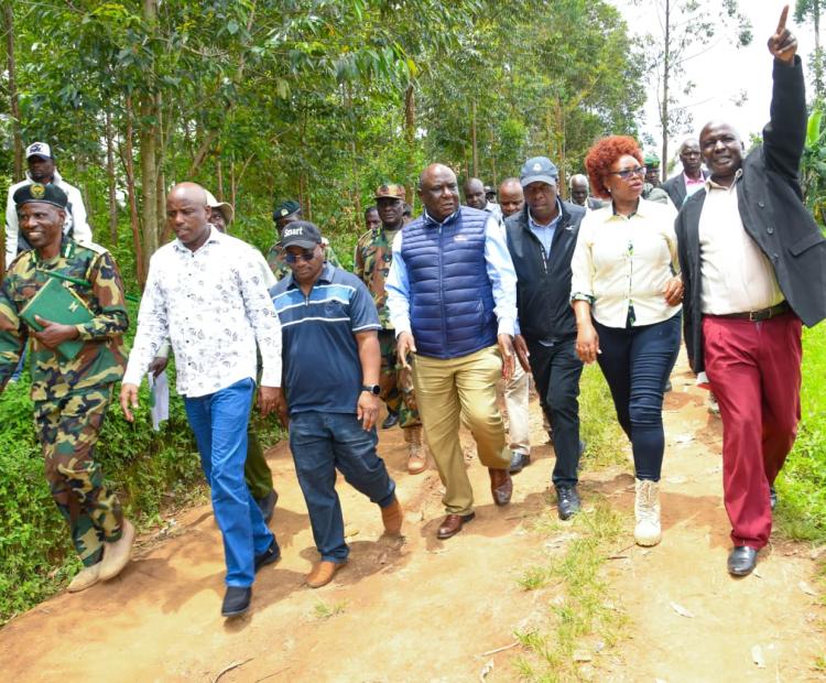 Forestry Principal Secretary Mr. Gitonga Mugambi, alongside Members of the Departmental Committee on Environment, Forestry and Mining during the inspection of key forest ecosystem in Vihiga County