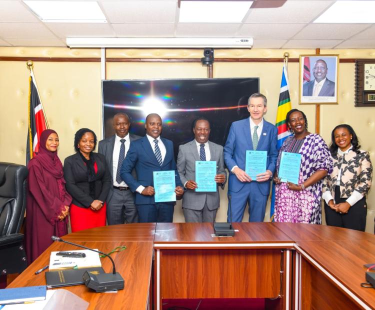 Forestry Principal Secretary Mr Gitonga Mugambi , Director General Mr. Joan Lucas Restepo of Alliance of International Biodiversity CIAT among other officials during the signing of  Memorandum of Understanding (MoU) aimed at advancing landscape restoration, sustainable land use, and climate-smart livelihoods in Kenya.