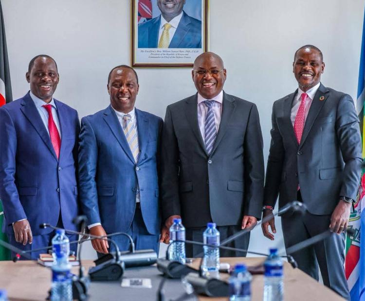 from left to right: PS public investment & Asset Management Mr. Cyrell O. Wagunda,PS Forestry Mr. Gitonga G. Mugambi, Mining Principal Sectretary Mr. Harry Kimtai CBS and Enviroment and Climate Change Principal Secretary Dr. Eng Festus K. Ng'eno