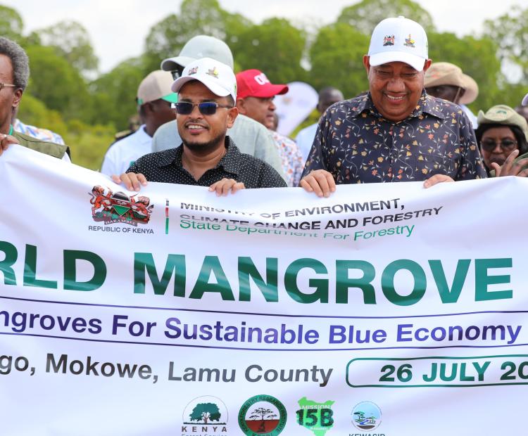 Cabinet Secretary Dr. Deborah M. Barasa and Lamu Governor H.E. Issa Timamy, during the 2026 World Mangrove Day celebrations at Majengo Grounds, Mokowe, Lamu County.
