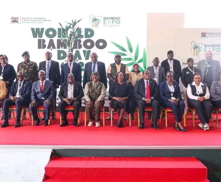 Environment, Climate Change and Forestry Cabinet Secretary Dr. Deborah M. Barasa poses for a photo alongside other stakeholders during the world bamboo day.