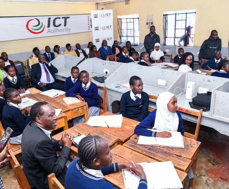 Forestry Principal Secretary Mr. Gitonga Mugambi, accompanied by Diaspora Affairs Principal Secretary Ms. Roseline Njogu, participated in the national rollout of the National Digital Class Experience at Meru Junior School in Meru County.
