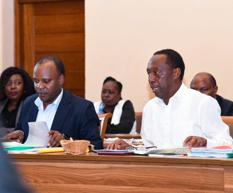 Forestry Principal Secretary Mr. Gitonga Mugambi and Secretary, Forest Development, Mr. George Tarus before the Committee on Delegated Legislation